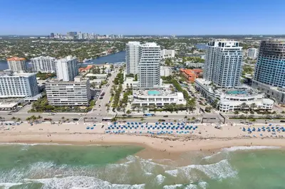 an aerial view of a beach and buildings at WVR Vacation Residences 506 in Fort Lauderdale