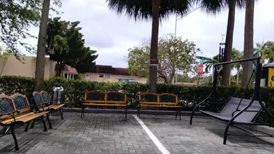 a group of benches in a park with palm trees at Super 8 Motel by Wyndham near Fort Lauderdale Arpt in Dania Beach