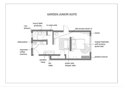 a schematic diagram of a kitchen union suite at 1818 Meridian House Apartments and Suites by Eskape Collection in Miami Beach