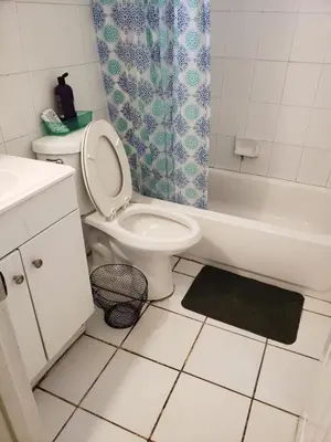 a bathroom with a toilet and a shower curtain at Miami Cheapest Place in Miami