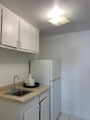 a kitchen with a sink and a white refrigerator at International Inn on the Bay in Miami Beach