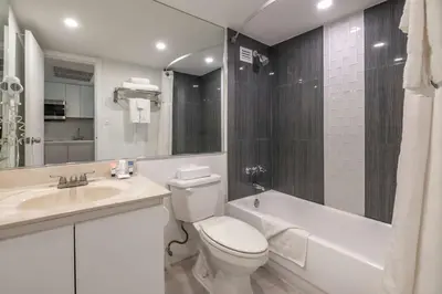 a bathroom with a toilet and a sink and a bath tub at Ramada Plaza by Wyndham Marco Polo Beach Resort in Miami Beach
