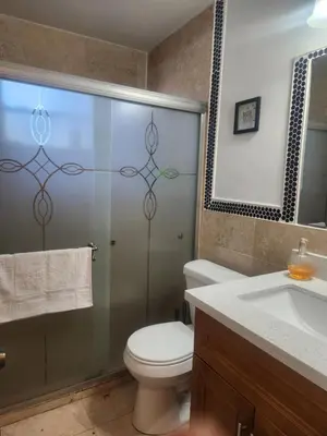a bathroom with a shower and a toilet and a sink at The Jazzy Escape in Miami