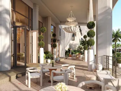 a rendering of a patio with tables and chairs at Delano Miami Beach in Miami Beach
