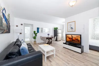 a living room with a black couch and a flat screen tv at Sofi Beach Apartments in Miami Beach
