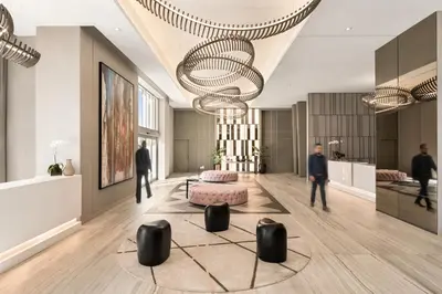 a rendering of a lobby with a spiral chandelier at Hyde Beach House in Hollywood
