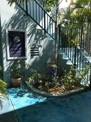a stairway with a tree in a garden at Blue Bell Apartment Hotel in Fort Lauderdale