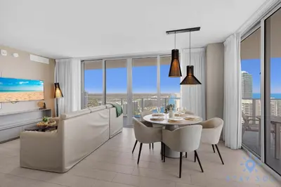 a rendering of a living room with a table and chairs at Wrap Around Balcony - Paradise Beach - Amazing Pools in Hollywood
