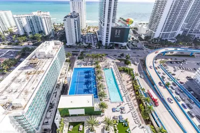 an aerial view of a city with a pool at Hyde Beach House Hollywood Private Suites in Hollywood