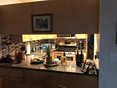 a kitchen with a counter with a sink and a stove at South Maui Condos in Miami Beach