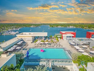an aerial view of a resort with a pool at Modern Resort - Terrace - Up To 6 - Near Beach in Hollywood