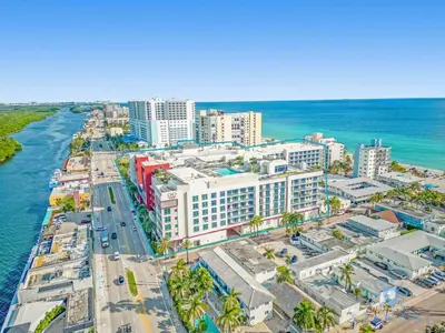 an aerial view of a city and the ocean at Near Beach - Rooftop Pool - Hot Tub - Broad-walk in Hollywood