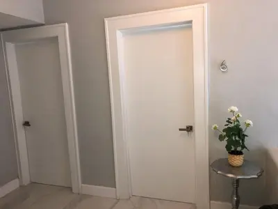 a room with two doors and a vase with a plant at Spacious and Comfy Suite near MIA 2 Queen Beds in Miami