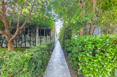 a walkway through a garden with trees and a building at Boutique Apartments Flamingo in Miami Beach