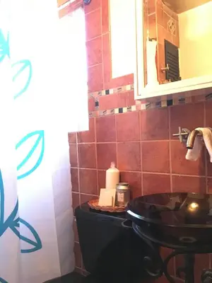 a bathroom with a sink and a mirror at The Jewel of Little Havana in Miami