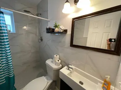 a bathroom with a sink and a toilet and a mirror at 1 Bedroom Apt near Coconut Grove in Miami