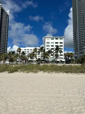 a white building on the beach with palm trees at Casablanca on the beach in Miami Beach
