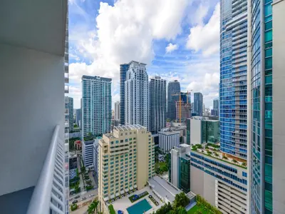 a view of a city skyline with tall buildings at Cozy and Bohemian Studio in Brickell in Miami
