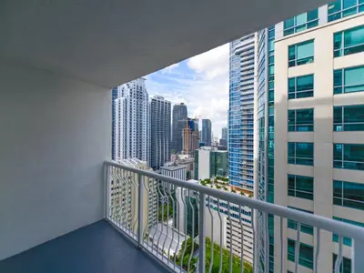 a balcony with a view of the city at Cozy and Bohemian Studio in Brickell in Miami