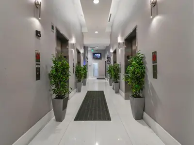 a hallway with a row of potted plants in a building at Cozy and Bohemian Studio in Brickell in Miami
