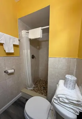 a bathroom with a white toilet and a shower at Crown Inn in Fort Lauderdale