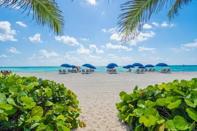 a beach with blue umbrellas and chairs and the ocean at Sunny Isles 1BDR Sea View and Pool in Miami Beach