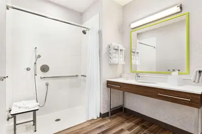 a bathroom with a shower and a sink and a mirror at Hampton Inn & Suites Miami, Kendall, Executive Airport in Kendall