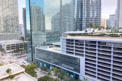 an aerial view of a city with tall buildings at Comfortable 2 BR at Brickell , Free Parking in Miami