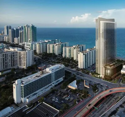 an aerial view of a city with buildings and the ocean at Million Dollar View at Hyde Resort And Residences in Hollywood