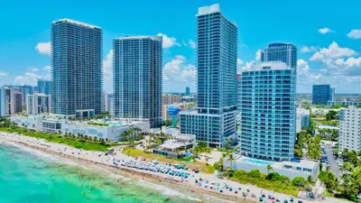 an aerial view of a beach with tall buildings at Dramatic Ocean View at Hyde Resort And Residences in Hollywood