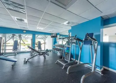 a gym with cardio equipment in a blue room at MVR Apartments at Marenas in Miami Beach
