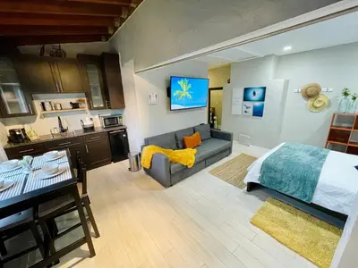 a bedroom with a bed and a couch and a kitchen at Taste of Miami Vive in Miami