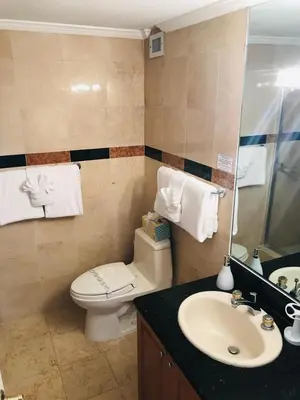 a bathroom with a toilet and a sink at Deluxe Beach Resort - HORA RENTALS in Miami Beach