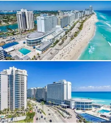 two pictures of a beach and a city at Large luxurious direct ocean front Penthouse or Deluxe 1 BR ocean front condo-Beach access- Free parking- Remodeled in Miami Beach