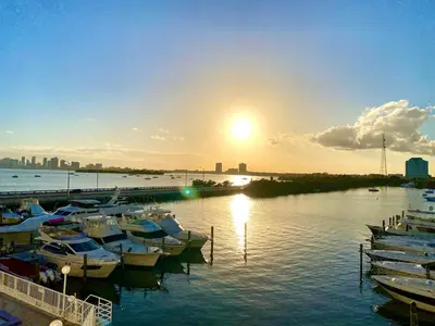 a group of boats docked at a dock in the water at Modern waterfront apartment with Miami Skyline view, free parking 5 mins drive to Miami Beach in Miami Beach