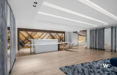a rendering of a living room with a table and chairs at Luxury 1 BR at Fort Lauderdale in Fort Lauderdale