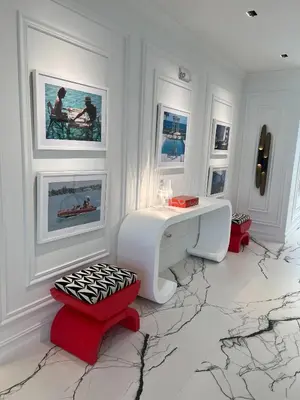 a white room with a white desk and a marble floor at Uma House by Yurbban South Beach in Miami Beach