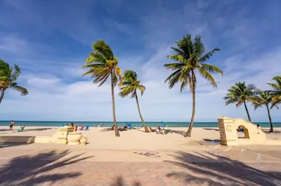 people on a beach with palm trees and the ocean at The Surf Hollywood Beach in Hollywood