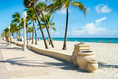 a sandy beach with palm trees and a sidewalk at The Surf Hollywood Beach in Hollywood