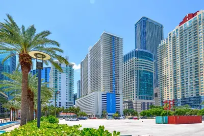 a city skyline with tall buildings and a palm tree at Trendy 2BR Condo with Pool and Bay Views in Miami