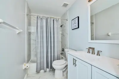 a white bathroom with a shower curtain and a toilet at Hard Rock Hidden Gem! in Miami Gardens