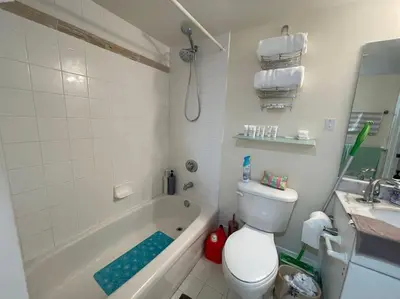 a bathroom with a tub and a toilet and a sink at Rooftop Pool with Water View in Miami