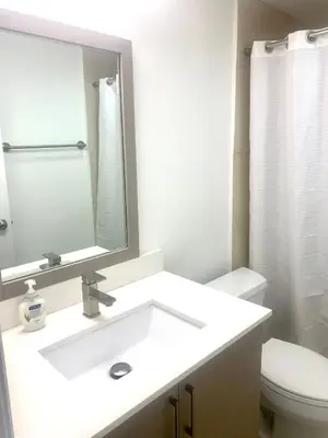 a bathroom with a sink and a mirror and a toilet at Great private room in Miami Beach