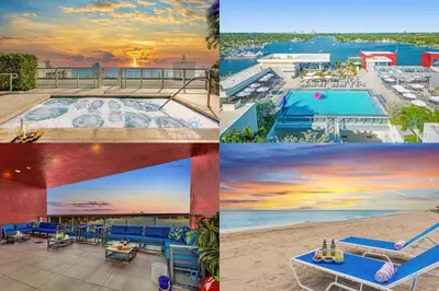 a collage of photos of a resort with a pool at Lovely Apartment - Hollywood Beach - Rooftop Pool in Hollywood