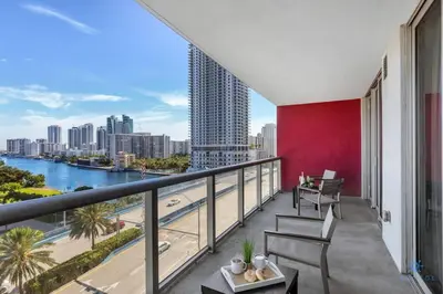 a balcony with a view of a city at Spectacular Balcony plus Near Beach, Gym, Pool in Hallandale Beach