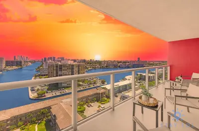 a rendering of a balcony with a sunset at Infinite View, Balcony, Gym, Amazing Pool in Hallandale Beach