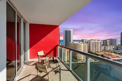 a balcony with a view of the city at Infinite View with Balcony,Pool plus Near Beach in Hallandale Beach