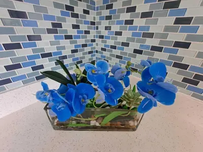 a glass vase filled with blue flowers in a bathroom at Relax 521- at the side in Miami