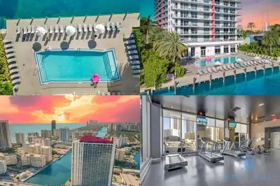 a collage of photos of a hotel with a pool at Infinite View and Balcony with Pool, Gym, Near Beach in Hallandale Beach
