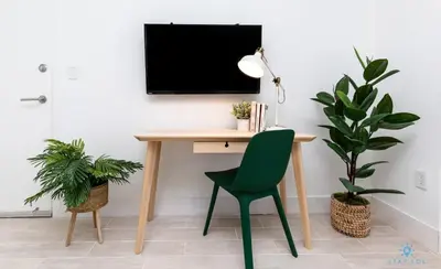 a desk with a green chair in a room with plants at Tropical Apartment - Balcony - Resort with Pool and Gym in Hallandale Beach